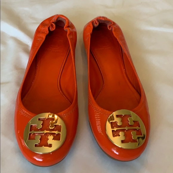 Tory Burch Orange Ballet Flats w Gold HW Size 8.5 - Picture 2 of 8